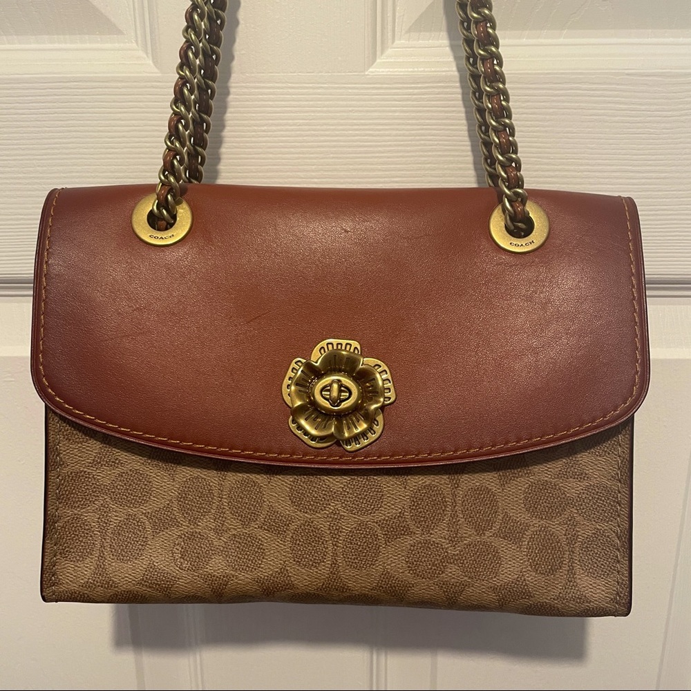Coach purse bag leather brass Florette Saddle Parker Rose 30585 Signature C